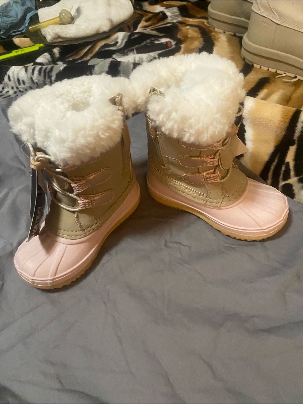 Marshalls Pink and Tan Kids Snow Boots with White Faux Fur